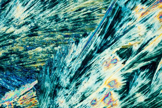 Colorful apearence of crystals of sodium thiosulphate, a photographic film fixer, in polarized light.