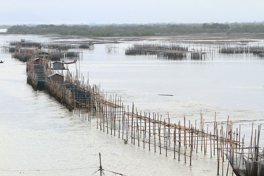 fish farm (floating net for keeping fish in water) at Chanthaburi river Thailand