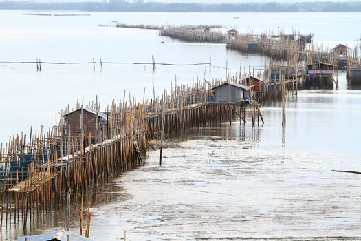 fish farm (floating net for keeping fish in water) at Chanthaburi river Thailand