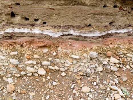 Banded background texture pattern of geological sediment deposited in layers consisting of sand, silt and gravel
