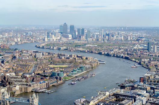 Panoramic View of London, over the river Thames towards Canary Wharf and Eastern London