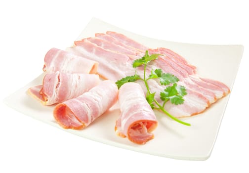 Tasty sliced bacon with vegetables isolated on white background