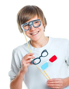 Close up portrait of young smiling cute teenager in white with glasses, isolated on white