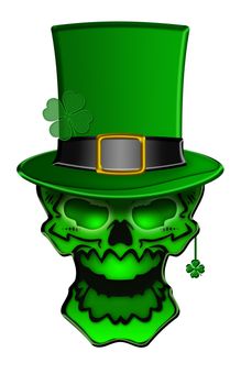 St Patricks Day Green Skull with Leprechaun Hat with Shamrock Earrings Isolated on White Background Illustration