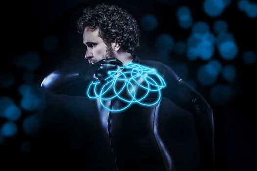 fantasy and science fiction, black latex man with blue neon disk