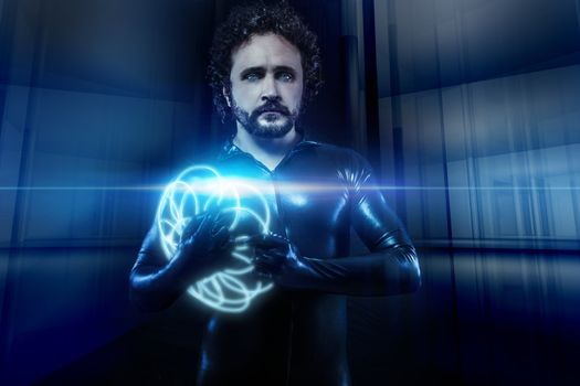 fantasy and science fiction, black latex man with blue neon spheres