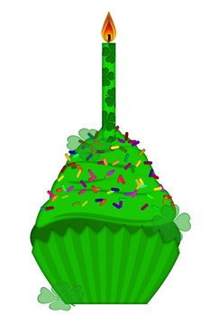 St Patricks Day Cupcake with Colorful Chocolate Chip Sprinkles and Candle Isolated on White Background