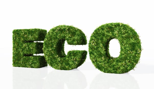 eco word composed from letters that are covered by grass and flowers, on a white background