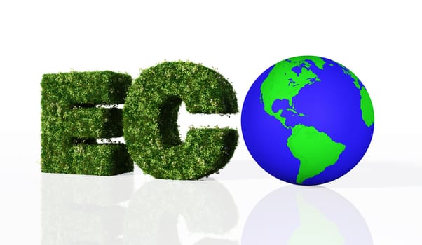 a view of the eco word composed from the letters E and C that are covered by grass and flowers, and the letter O that has been replaced by a blue and green world