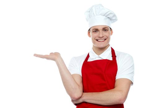 Portrait of handsome young chef presenting copy space