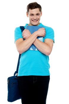 Guy hiding important business document tightly isolated against white
