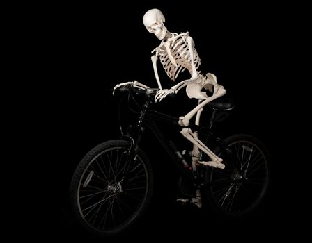 A skeleton rides a bicycle from nowhere.
