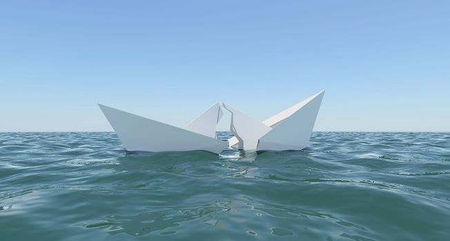 Paper Boat is broken into two parts, sinks in water. The sky on the background