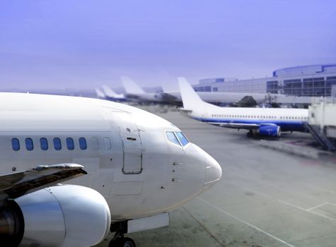 Standing planes at the airport because of non-flying weather