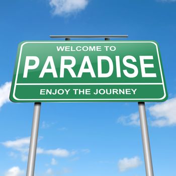 Illustration depicting a green roadsign with a paradise concept. Blue sky background.