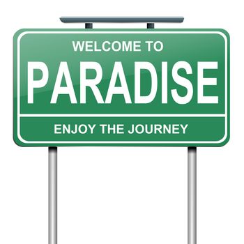 Illustration depicting a green roadsign with a paradise concept. White background.