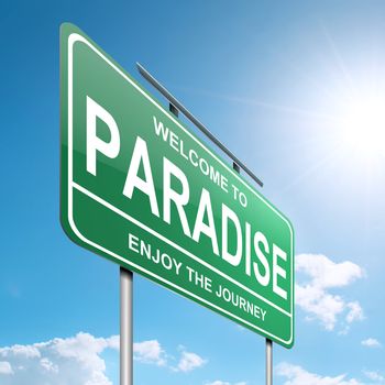 Illustration depicting a green roadsign with a paradise concept. Blue sky background.
