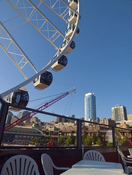 Ferris wheel and Seattle skyline near the waterfront.