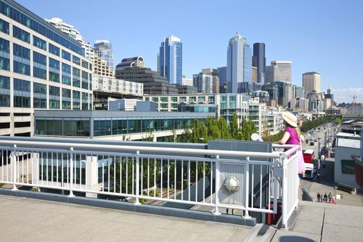 Visiting Seattle, pier 66 overpass,  promenade and the Alaska way.