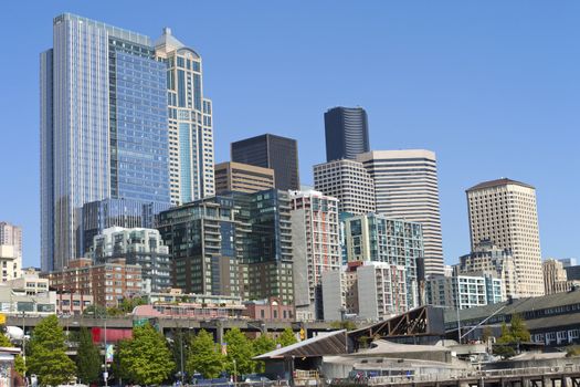 Seattle architecture and skyscrapers near the waterfront, WA.