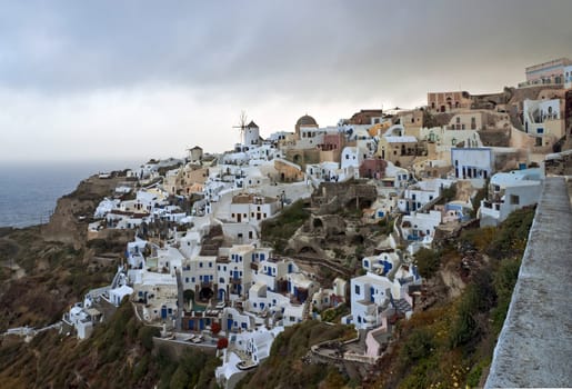 Cold morning in Ia village with traditional buildings