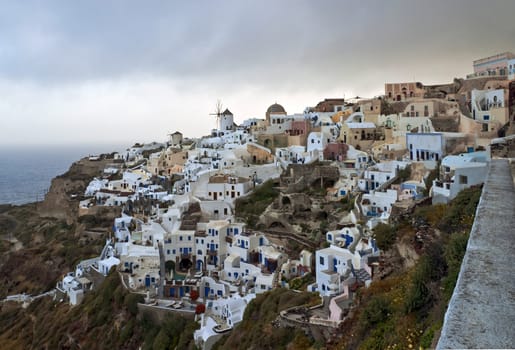 Cold morning in Ia village with traditional buildings