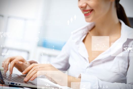 Business person working on computer against technology background