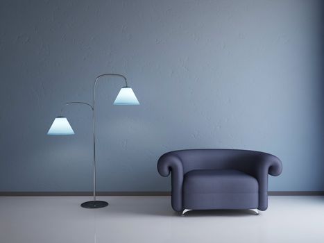 Interior of a room with a old blue armchair