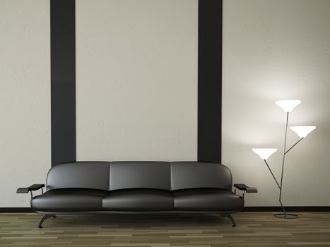 Interior of a room with a leather black sofa