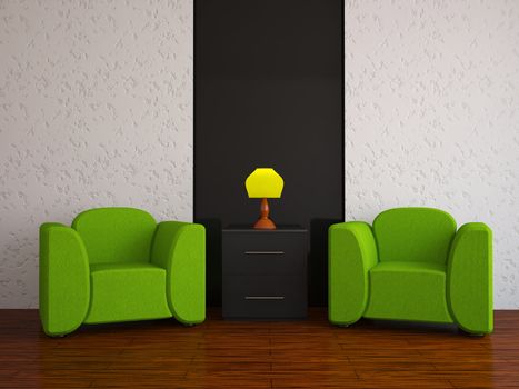 Interior with two green armchairs and a floor lamp