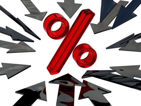 Red symbol of percent and many black arrows