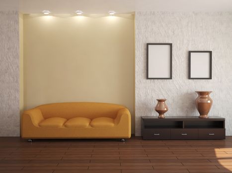 The interior of the room with the orange couch