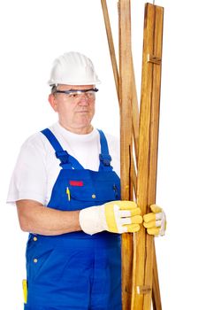 Worker holding boards, isolated on white background