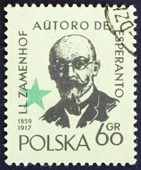 POLAND - CIRCA 1959: a stamp printed in the Poland shows Lazarus Ludwig Zamenhof, Doctor, Linguist and Creator of Esperanto, Constructed Language, circa 1959