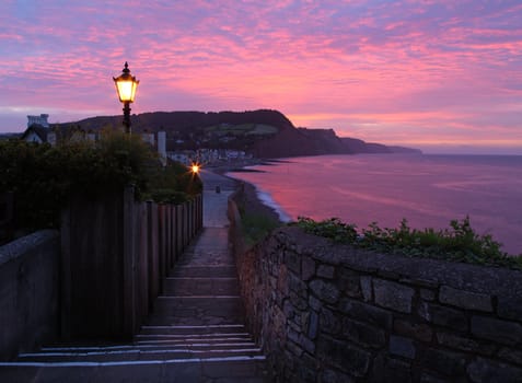 Street lights still on at sunrise in Sidmouth