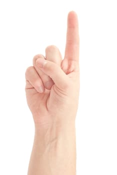 Male hand isolated on white background showing one finger