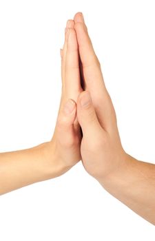 Two hands giving each other a High Five on white background