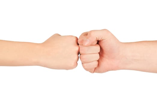 Two hands: man and woman, isolated on white