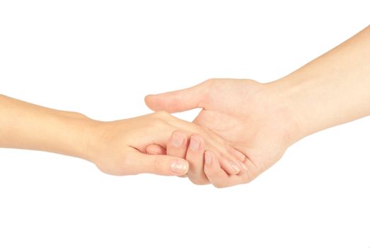 Shaking hands of two people, man and woman, isolated on white.