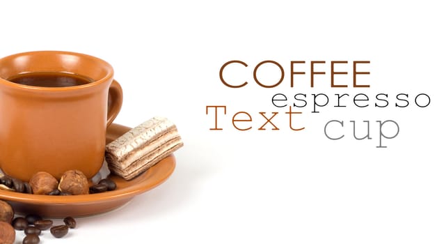 Cup of coffee with ingredients on a white background