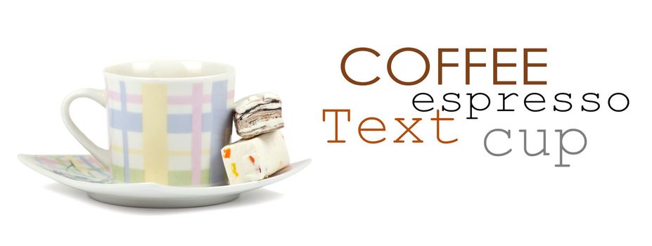 Coffee cup with sweets on white background