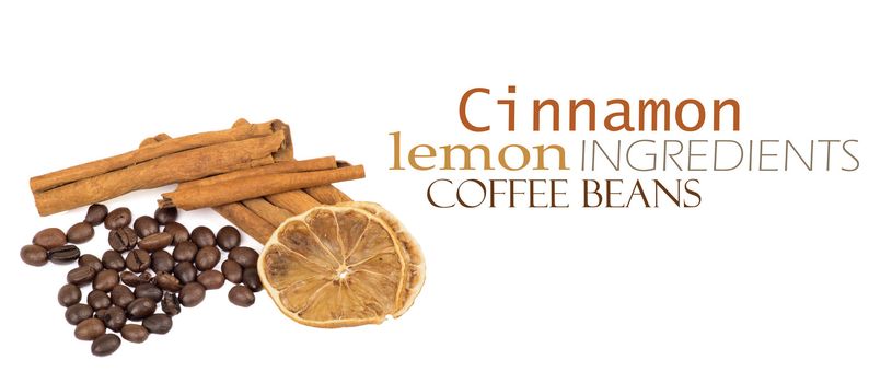 coffee beans, cinnamon and lemon isolated on white