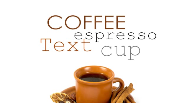 Cup of coffee with ingredients on a white background