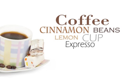 Cup of coffee with ingredients on a white background