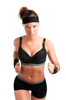 Young fit woman jogging, isolated in a white background