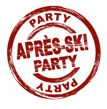 Stylized red stamp showing the term Apres-Ski party. All on white background.