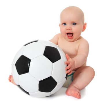 Cute caucasian baby playing with soccer ball. All on white background.