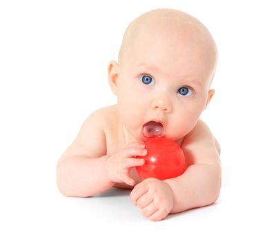 Cute Caucasian baby playing with red ball. All on white background.