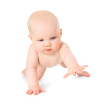 Crawling caucasian baby. All on white background.