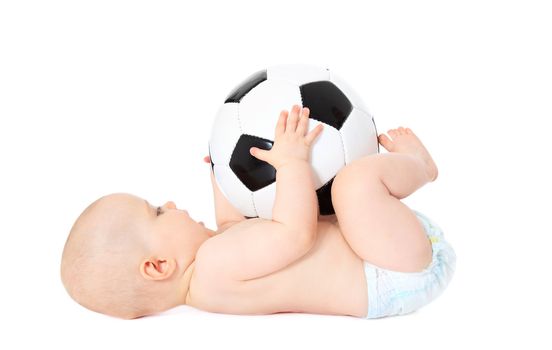 Cute caucasian baby playing with soccer ball. All on white background.